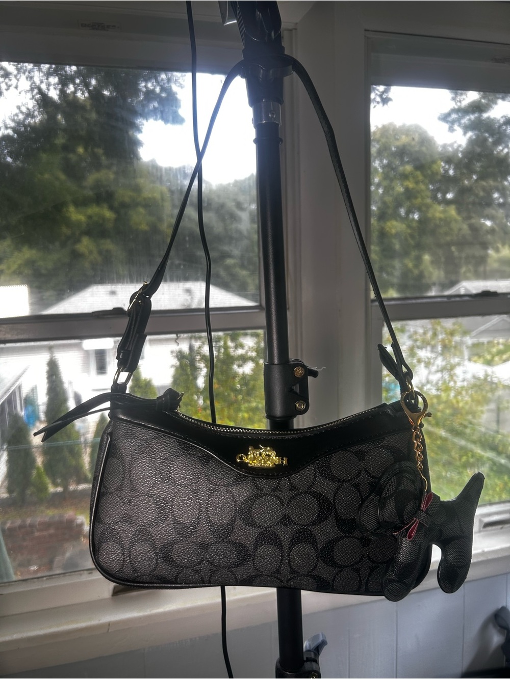 Coach Black Signature Mini Shoulder Bag with Dog Charm